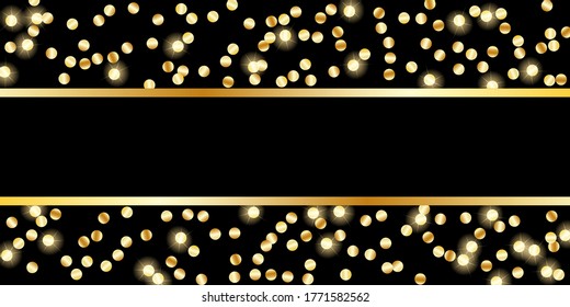 Luxury background, design for cards, business cards, invitations. Golden Confetti, Serpentine. Golden stars. Abstract texture on a black background, place for text. Vector, EPS 10.