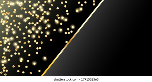 Luxury background, design for cards, business cards, invitations. Golden Confetti, Serpentine. Golden stars. Abstract texture on a black background, place for text. Vector, EPS 10.
