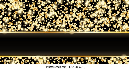 Luxury background, design for cards, business cards, invitations. Golden Confetti, Serpentine. Golden stars. Abstract texture on a black background, place for text. Vector, EPS 10.