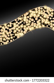 Luxury background, design for cards, business cards, invitations. Golden Confetti, Serpentine. Golden stars. Abstract texture on a black background, place for text. Vector, EPS 10.