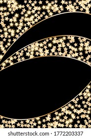 Luxury background, design for cards, business cards, invitations. Golden Confetti, Serpentine. Golden stars. Abstract texture on a black background, place for text. Vector, EPS 10.