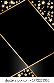 Luxury background, design for cards, business cards, invitations. Golden Confetti, Serpentine. Golden stars. Abstract texture on a black background, place for text. Vector, EPS 10.