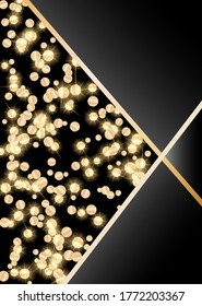 Luxury background, design for cards, business cards, invitations. Golden Confetti, Serpentine. Golden stars. Abstract texture on a black background, place for text. Vector, EPS 10.