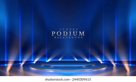 Luxury background design concepts with futuristic blue stage with spotlight beams projecting upwards in a darkened space.