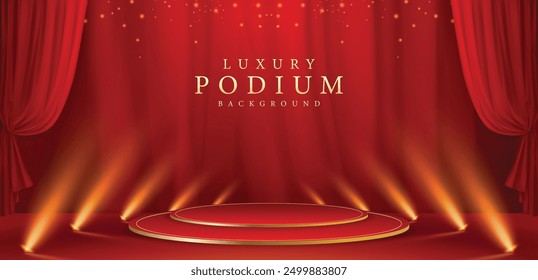 Luxury background design concepts with futuristic red stage with spotlight beams projecting upwards and red certain.