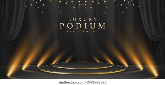 Luxury background design concepts with futuristic black stage with spotlight beams projecting upwards and black certain.