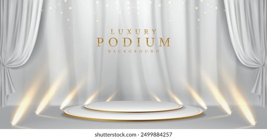 Luxury background design concepts with futuristic white stage with spotlight beams projecting upwards and white certain.