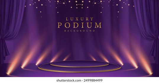 Luxury background design concepts with futuristic violet stage with spotlight beams projecting upwards and violet certain.