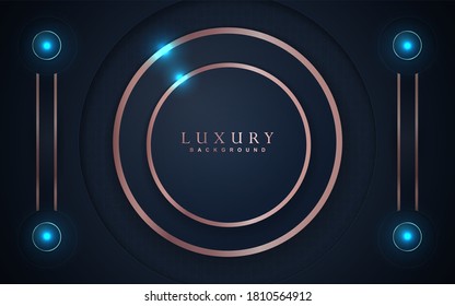 Luxury background design with dark navy blue and rose golden element decoration. Elegant shape vector layout template illustration for use cover magazine, poster, flyer, invitation, product packaging