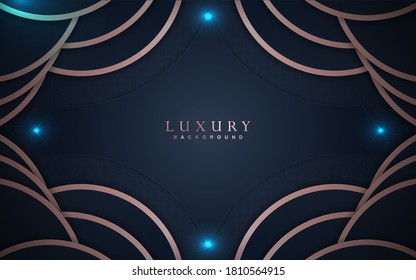 Luxury background design with dark navy blue and rose golden element decoration. Elegant shape vector layout template illustration for use cover magazine, poster, flyer, invitation, product packaging