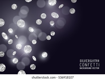 A luxury background design with falling glitter and sparkling metallic silver confetti. Vector illustration.