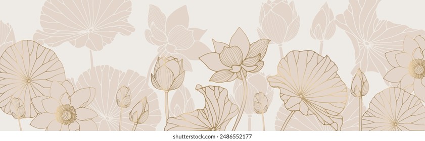 Luxury background design with golden lotus. Lotus flower line design for wallpaper, nature wall art, banner, print, invitation and packaging design. vector illustration.