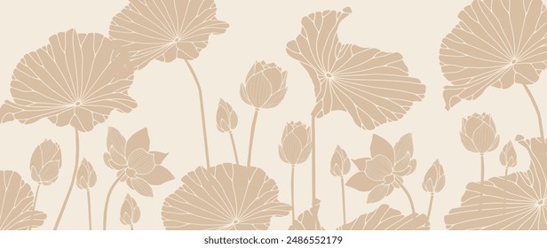 Luxury background design with golden lotus. Lotus flower line design for wallpaper, nature wall art, banner, print, invitation and packaging design. vector illustration.