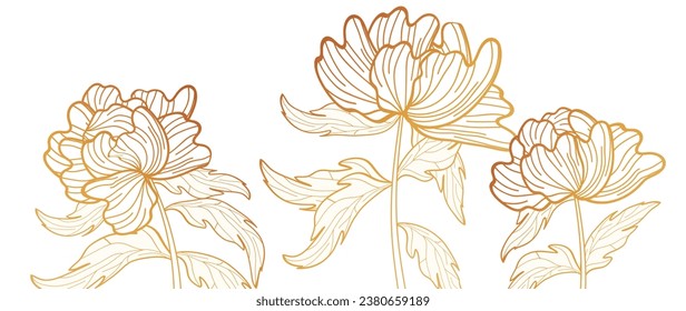 Luxury background design with golden peonies. Peony flower line design for wallpapers, natural wall art, banners, prints, invitation design and packaging. vector illustration.	