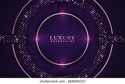 Diseño de fondo de lujo con decoración de elementos morados y dorados. Elegante forma de papel de diseño vectorial plantilla premium para usar revista de portada, afiche, volante, invitación, empaquetado de productos, banner web