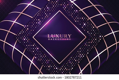 Luxury background design with purple and rose golden element decoration. Elegant paper art shape vector layout template for use cover magazine, poster, flyer, invitation, product packaging, web banner