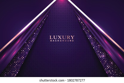 Luxury background design with purple and rose golden element decoration. Elegant paper art shape vector layout template for use cover magazine, poster, flyer, invitation, product packaging, web banner