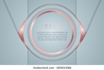 Luxury background design with white and rose golden element decoration. Elegant paper art shape vector layout template for use cover magazine, poster, flyer, invitation, product packaging, web banner