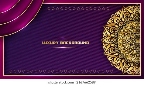 luxury background with elegant gold line frame and mandala design, with purple gradient color,