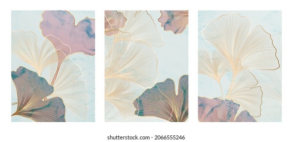 Luxuriöser Hintergrund mit Ginkgo-Blättern in Pastellfarben und Golden. Kunstposter für Druck, Innendekoration, Stoffdruck
