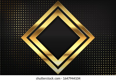 Luxury background with Glossy Gold rhombus shape and golden dots halftone effect. Elegant shiny gold metal on black background. Graphic design template for invitation, cover, wallpaper