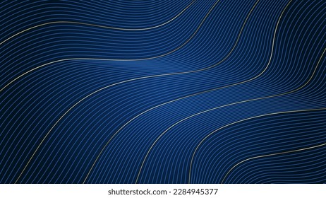 Luxury background with gold and blue wavy lines on navy background