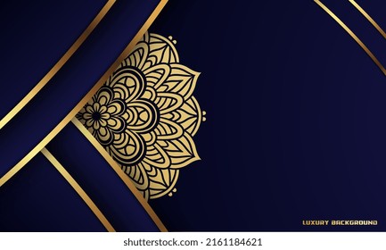 luxury background, gold color mandala ornament line design, isolated on dark blue background, wedding card, invitation, islamic ramadan concept, banner cover background, etc, vector illustration