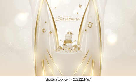 Luxury background and gold curve lines elements with 3d realistic christmas ornaments on podium and sparkling light effect with bokeh decorations and snow. Vector illustration.
