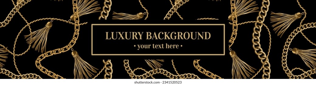 Luxury background. Gold jewelry. Baroque tassel. Precious metal chain. Glamour accessory. Metallic braid. Curve bracelet ornament. Shiny pendant. Elegant necklace. Vector banner design