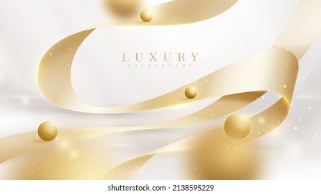 Luxury background with gold ribbon element and 3d ball decoration with blur effect and glitter light with bokeh.