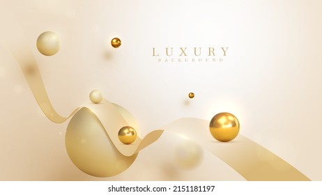 Luxury background with gold ribbon element and 3d ball decoration with blur effect and glitter light with bokeh.