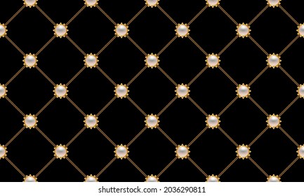 Luxury background with golden chains and pearl beads. Vector illustration. 