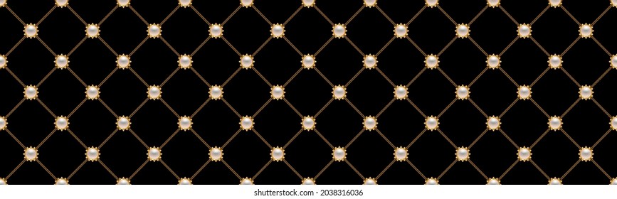 Luxury background with golden chains and pearl beads. Vector illustration. 