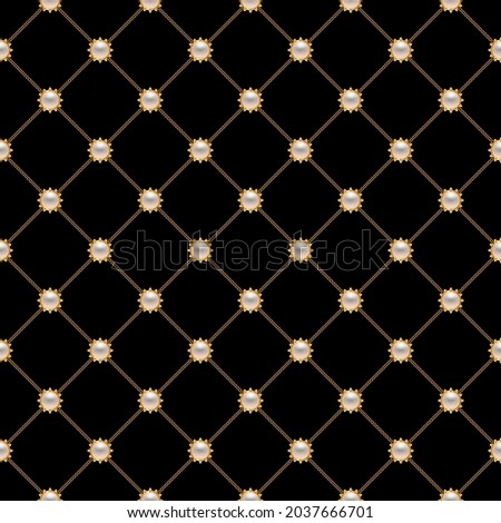 Luxury background with golden chains and pearl beads. Vector illustration. 