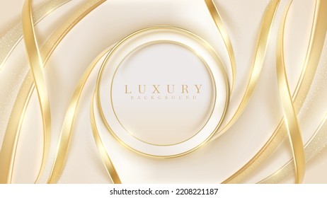 Luxury Background With Golden Circle Frame Elements And Ribbons With Bokeh Decorations And Sparkling Lights. Vector Illustration.