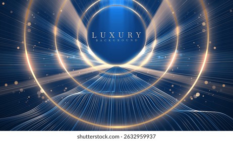 Fundo de luxo com quadro de círculo dourado e ondas de luz de néon azul decorado com efeito bokeh brilhante. Projeto de fundo para promoção de produtos premium ou cerimônia de premiação.