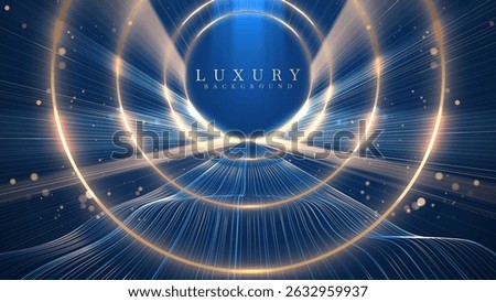Luxury background with golden circle frame and blue neon light waves decorated with glittering bokeh effect. Backdrop design for promotion of premium products or award ceremony.