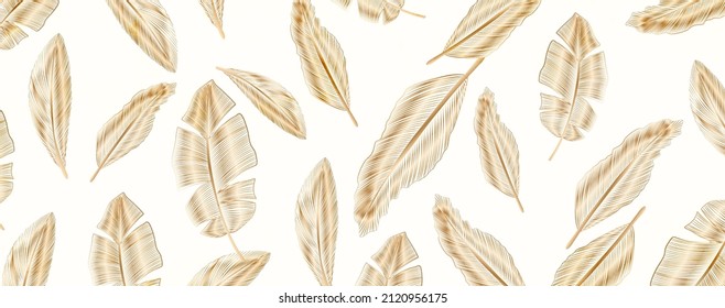 Luxury background with golden feathers in line art. Pattern for the design of invitations, packaging, weddings