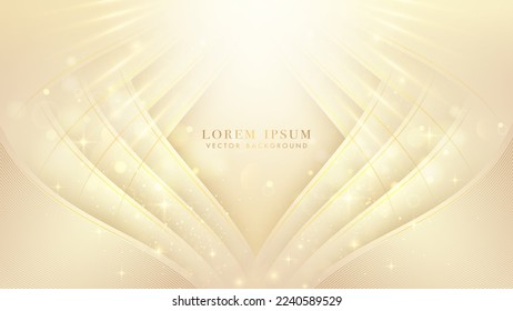 Luxury background with golden lines curve, light beam, sparkle glowing effect and bokeh decoration. Elegant style vector design