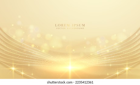 Luxury background with golden lines, sparkle glowing effect and bokeh decoration. Elegant style design concept. Vector illustration