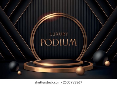 Luxury background with golden podium. Banner with empty stage illuminated with light for advertising, presentation and product promotion. Design element for marketing. Realistic 3D vector illustration