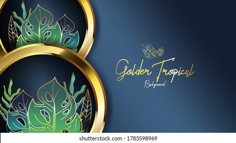 Luxury background with golden tropical leaf and dark blue with gold color, can use for wedding invitation,book cover or wedding banner