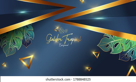 Luxury background with golden tropical leaf and dark blue with gold color, can use for wedding invitation,book cover or wedding banner