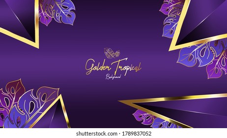 Luxury background with golden tropical leaf and dark purple with golden color can use for wedding invitation,book cover or wedding banner