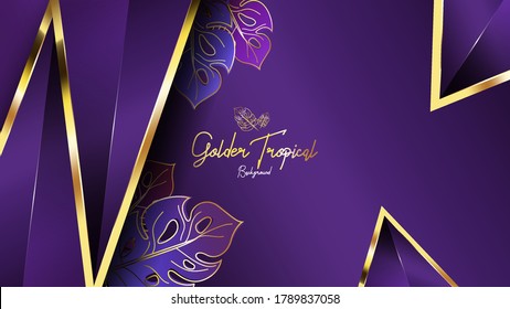Luxury background with golden tropical leaf and dark purple with golden color can use for wedding invitation,book cover or wedding banner
