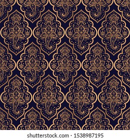 Luxury background golden vector. Arabesque paisley royal pattern seamless. Arabic design for christmas party, new year gift package, holiday wallpaper, beauty spa, yoga salon, wedding.