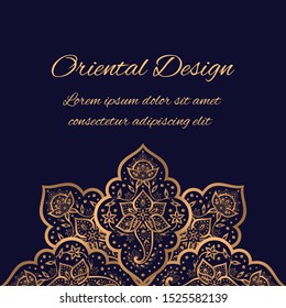 Luxury background golden vector. Islamic arabesque paisley royal pattern card template. Mandala design for Christmas party invitation, New year holiday, beauty spa, wedding, birthday, save the date.