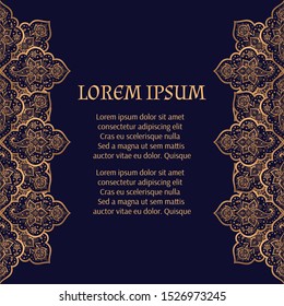 Luxury background golden vector. Islamic arabesque paisley royal pattern card template. Flower design for Christmas party invitation, New year holiday, beauty spa, wedding, birthday, save the date.