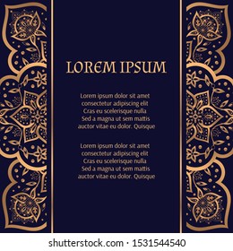 Luxury background golden vector. Islamic arabesque paisley royal pattern card template. Luxurious design for Christmas party invitation, New year holiday, beauty spa, wedding, birthday, save the date.
