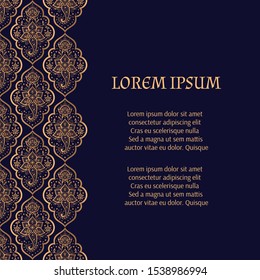 Luxury background golden vector. Islamic arabesque paisley royal pattern card template. Premium design for Christmas party invitation, New year holiday, beauty spa, wedding, birthday, save the date.